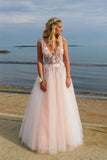 Elegant Deep V Neck Backless Long Pink Prom Dress with Appliques Beading, Party Dress STK15165