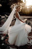 Elegant A Line V Neck Tulle Wedding Dresses With Flowers V Back Beach Wedding STKPEKH2P28