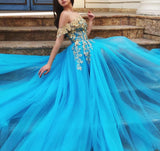 Elegant Off the Shoulder Blue Lace Prom Dresses with Gold Appliques Tulle Party Dresses STK15187