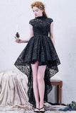 A-line High Neck Asymmetrical Lace Black Open Back High Low Modern Prom Dresses