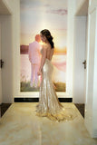 Sparkle Golden Sheath Sweep Train Deep V Neck Sleeveless Backless Sequin Long Prom Dresses