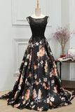 Chic A-Line Scoop Satin Black Lace up Sleeveless Long Flowers Prom Dresses