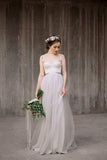 Spaghetti Straps Lace Top Light Grey A-line Tulle Simple Design Beach Wedding Dresses