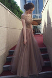 Gorgeous A-Line Backless Cap Sleeves Scoop Tulle Brown Long Prom Dresses