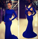 Open Back White Prom Dresses With Long Sleeves Tight Backless Royal Blue Prom Gown