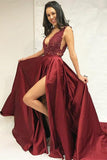 Simple A-Line Deep V-Neck Sweep Train Split Burgundy Satin Lace Prom Dresses