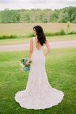 Pink Sheath Court Train V Neck Open Back Lace Wedding Dresses