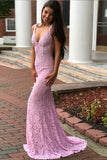 Pink Sheath Brush Train Deep V Neck Sleeveless Backless Lace Prom Dresses