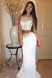 White Two Piece Sheath Brush Train Sleeveless Beading Prom Dresses