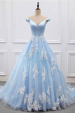 2024 Sky Blue Appliques Charming Ball Gown Off-the-Shoulder V-Neck Prom Dresses