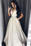 A Line Brush Train Deep V Neck Sleeveless Simple Prom Dresses