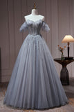 Chic Dusty Blue Beading Off The Shoulder A Line Tulle Long Prom Dresses