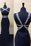 Dark Navy Floor Length Long Beading Prom Dresses