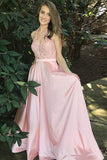 Pink A Line Brush Train Halter Deep V Neck Sleeveless Appliques Prom Dresses