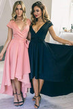 Pink A Line Asymmetrical Deep V Neck Capped Sleeve Prom Dresses