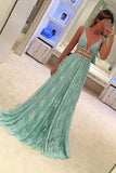 Mint A Line Sweep Train Deep V Neck Sleeveless Prom Dresses