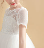 Short Sleeves Ivory Tulle Flower Girl Dresses With Lace Appliques