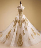 Elegant Gold Neck Tulle Strapless Sweetheart Lace Ball Gown Prom Dress Quinceanera Dress