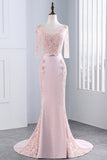 Pink Sheath Sweep Train Sheer Neck 3/4 Sleeve Sheer Back Appliques Prom Dresses