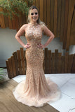 Flesh Trumpet Sweep Train Halter Sleeveless Backless Sparkle Prom Dresses