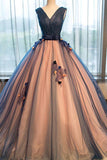 Chic Brown Long Ball Gown V-Neck Tulle Lace up Sleeveless Applique Prom Dresses