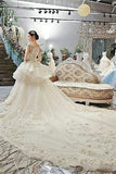 Ivory Ball Gown Chapel Train Capped Sleeve Appliques Beading Wedding Dresses