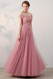 Chic A-Line Off-the-Shoulder Pink Appliques Lace-up Tulle Modest Long Prom Dresses