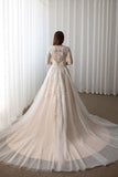 A Line Chapel Train V Neck Long Sleeve Applique Wedding Dresses