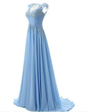 Fashion A-line Scoop Sweep Train Appliques Chiffon Sleeveless Light Blue Prom Dresses