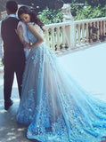 A-Line Square Chapel Train Sleeveless Blue Tulle Wedding Dress with Appliques Sash