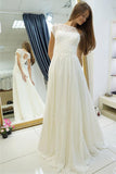 A Line Sweep Train Sheer Neck Short Sleeve Beach Wedding Dresses