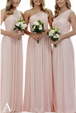 Long Light Pink Mismatched A-Line One Shoulder Sleeveless Elegant Bridesmaid Dresses