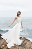 Two Piece A Line Brush Train Sleeveless Lace Chiffon Beach Wedding Dresses