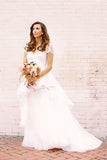 A-Line Short Sleeve Long Ivory Tulle Sweetheart Beaded Cute Backless Wedding Dresses