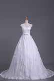 2024 Sexy Wedding Dresses Open Back V Neck A Line Tulle With Applique PSE5S2SN