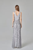 Sexy V Neck Silver Mermaid Prom Dresses, Embroidered Sequins Long Evening Dresses STK15368