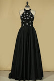 2024 A Line High Neck Satin With Beading Sweep Train Prom PE4YA7SC