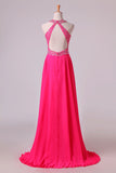 2024 Halter Prom Dresses Beaded Bodice Open Back A Line Chiffon & Tulle Sweep P6E45E5T