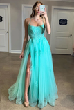 Spaghetti Straps High Slit Evening Dress Appliqued Sweep Train Long Prom SRSPK6C7A1K