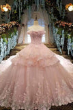 2024 Tulle Awesome Pink Wedding Dresses Off The Shoulder Lace Up With P1BZ577S