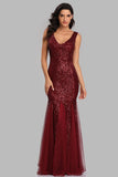 Sexy Burgundy Tulle V Neck Mermaid Sequin Prom Dresses, Evening Party Dresses STK15332