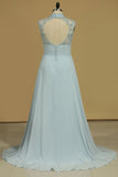 2024 Prom Dresses High Neck Chiffon With Slit And Beads PEBS7JPB