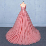 Ball Gown V Neck Tulle Prom Dress with Beads, Puffy Pink Sleeveless Quinceanera Dresses STK15074