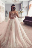 Elegant Spaghetti Straps Sweetheart Tulle Pink Prom Dress with Beading, Long Formal Dress STK15203