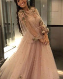 Sparkly Long Sleeves Beading Prom Dresses with Hand Made Flowers, Long Dance Dresses STK15536