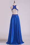 2024 Floor Length A Line Scoop Open Back Prom Dresses Satin Beaded PRD458QE