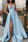 Simple A Line Yellow Spaghetti Straps Satin Prom Dresses with Slit, Party Dresss STK15386