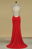 2024 Spandex High Neck Sheath Prom Dresses With Beading P7M76Q89