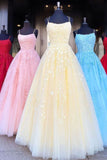 A Line Tulle Yellow Spaghetti Straps Prom Dresses with Appliques, Party STK20385