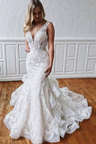 Stunning Mermaid Lace V Neck Backless Wedding Dresses Straps Wedding Gowns STK15438